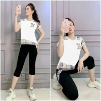 Bộ Quần Áo Thể Thao Nữ Quần Lửng Áo Tay Ngắn Phối Sọc