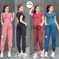 Bộ Quần Áo Thể Thao Tập Gym Nữ, Quần Jogger dù Kèm Áo Thun LEAD Tay Ngắn Mát Mịn