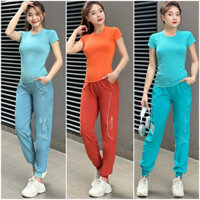 Bộ Quần Áo Thể Thao Tập Gym Nữ, Quần Jogger Dù Kèm Áo Thun LEAD Tay Ngắn