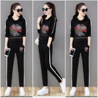 BỘ QUẦN ÁO THỂ THAO THU ĐÔNG NỮ HOA CÚC ĐÍNH ĐÁ CAO CẤP