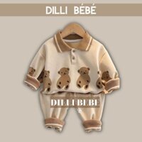 Bộ quần áo thun polo cổ sơmi gấu nâu tay dài quần dài đi hoc cho bé trai - Dilli Bebe