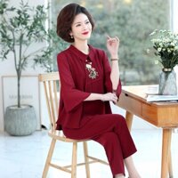 Bộ quần áo trung niên voan cao cấp thêu hoa, bộ quần áo tặng mẹ