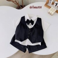 Bộ Quần Áo Vest Vải Thô Hàn 4 Chi Tiết Áo Sơ Mi Áo Gile Quần Đùi Kèm Nơ Cho Bé Trai 5-15kg TN108 C24