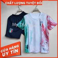 Bộ quần áo ý italia trẻ em màu trắng loang xanh lá đỏ size nhỏ cho bé dưới 45kg vải mè kim thái mịn - my thể thao