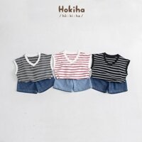 Bộ quần ba lỗ cổ V cho bé trai bé gái Hokiha áo tay hến vải cotton co giãn thoải mái, quần bò mềm size từ 8-17kg B57