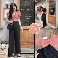 Bộ Quần Culottes Áo Croptop Kẻ Đỏ - Set Nữ Quần Dài Áo Ngắn Cộc Tay