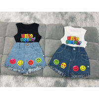 Bộ quần đùi jeans in hình mặt cười+ áo thun ba lỗ cho bé gái
