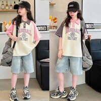 Bộ Quần Jean Ngố Cạp Chun Áo Cổ Polo Thun Cotton In Chữ Cho Bé Gái