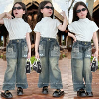 Bộ quần jens phối túi kaka+áo tay hến cho bé gái