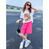 Bộ quần ngố bé gái in gấu siêu hot,size 10-38kg