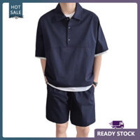 Bộ quần Short áo sơ mi nam RGA Bộ đồ nam màu trơn Bộ trang phục thể thao nam Bộ áo sơ mi và quần Short tay ngắn Combo cho lối sống năng động Dây thắt lưng co giãn thoải mái và cho thể thao