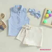 Bộ Quần Short Bé Gái MGG-Kids, Áo Vest Đóng Nút Sọc Không Tay Có Quần Short Thắt Lưng Co Giãn