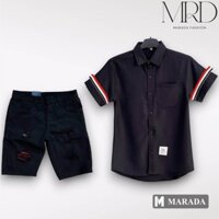Bộ quần short jean áo sơ mi nam BASIC SỌC tay ngắn vải cotton lạnh nam tính thanh lịch sang trọng - MARADA