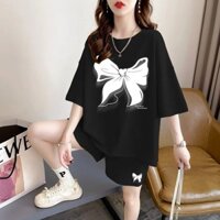 Bộ quần short ngắn tay cỡ to mập MM trang phục nữ mùa hè nơ bông giản dị thể thao mùa hè hai chiếc nhớ dệt cho em AFPB