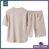 Bộ quần Short thắt lưng dây rút RGA Nam Ice Silk Bộ đồ mùa hè Bộ đồ thể thao nam Bộ áo thun và quần Short dáng rộng vừa vặn Combo màu trơn cổ tròn tay ngắn cho phong cách cổ điển