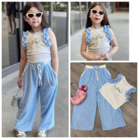 Bộ quần suông sọc xanh + áo ba lỗ bèo nơ xanh cho bé gái