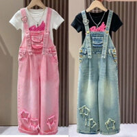 Bộ quần yếm denim cho bé gái quần bò dáng rộng thường ngày 2025
