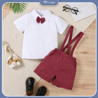 Bộ Quý Ông Cho Bé Trai 3-7 Tuổi Cổ Trắng Ghép Đôi Áo Sơ Mi Nơ Đỏ Và Quần Nam Sọc Đỏ Cho Các Dịp Xuân Hè