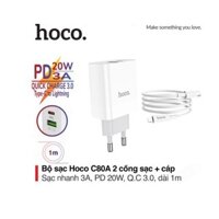 Bộ sạc 3A/PD20W Hoco C80A chuôi tròn 2 cổng USB/Type-C kèm dây sạc Type-C to dài 1M cho IP