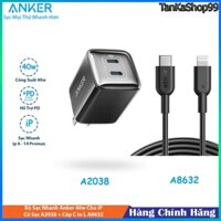 Bộ Sạc Anker 40w A2038, 2 Cổng USB-C + Cáp C to L A8632 Sạc Nhanh Cho ip8 - ip14 series