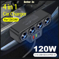 Bộ sạc điện thoại sạc nhanh 4 trong 1 120W cho ô tô USB + QC3.0 + PD3.1A Bộ chia sạc xe hơi 12V / 24V Ổ cắm chuyển đổi nguồn