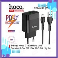 Bộ sạc Hoco C72Q MIcro USB, hỗ trợ sạc nhanh 3A, PD 18W, tương thích với nhiều thiết bị điện thoại Samsung/Xiaomi/Oppo,.