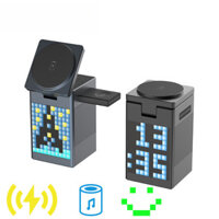 Bộ sạc không dây hoạt hình Pixel đa chức năng 6 trong 1 có đồng hồ báo thức Loa Điện thoại Đế sạc không dây