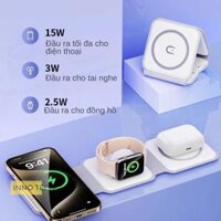 Bộ Sạc Nhanh 15w Sạc Không Dây 3 Vị Trí Hút Từ Tính, Sạc Cùng Lúc Điện Thoại, Tai Nghe, Đồng Hồ, Làm Giá Đỡ Điện Thoại