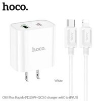 Bộ Sạc Nhanh Dành Cho Hoco. C80 Plus PD20W QC3.0 2 Cổng Sạc Type-C  USB-A Kèm Cáp Type-C To IP Dài 1m Hàng Chính Hãng
