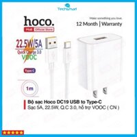 Bộ sạc nhanh Hoco DC19 USB to Type-C sạc nhanh 5A/22.5W, Quick charge 3.0, hỗ trợ sạc VOOC, kèm dây dài 1m