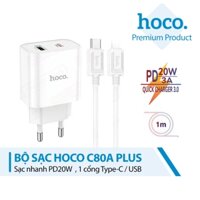 Bộ sạc nhanh PD20W Hoco C80A Plus chân tròn cổng USB + Type-C kèm cáp Type-C to LN dài 1M