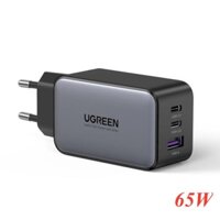 Bộ sạc nhanh PD3.0 GaN sạc siêu nhanh 2 cổng USB-C chân cắm EU65W 2Port Màu Đen Ugreen 10335 CD24 Hàng chính hãng