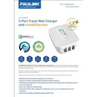 Bộ sạc nhanh PROLiNK chuẩn USB 3.0, nhiều cổng Type-C, A dùng cho Điện thoại, iPad, Macbook, Nintendo Switch - 30W 3Cổng USB-A