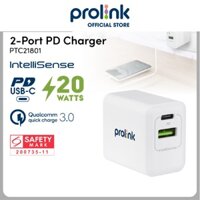Bộ sạc nhanh PROLiNK chuẩn USB 3.0, nhiều cổng Type-C, A dùng cho Điện thoại, iPad, Macbook, Nintendo Switch - 20W 2Cổng USB-C &amp; A