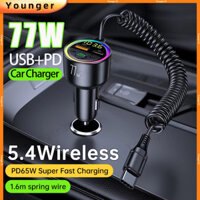 Bộ sạc ô tô siêu nhanh 77W với cáp lò xo 1.6M, Bộ phát FM Bluetooth 5.4 có đèn RGB, Bộ chuyển đổi bật lửa ô tô QC + PD, Bộ sạc du lịch trên ô tô USB thông minh