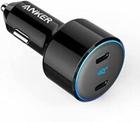 Bộ sạc xe hơi USB C Anker với 2 cổng PIQ 3.0, công suất 50W và Power Delivery phù hợp với nhiều thiết bị như iPhone và Galaxy.