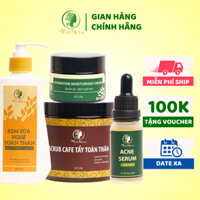 Bộ sạch mụn, trắng da mặt và body toàn diện Wonmom ( 1 Serum mụn + 1 Kem cấp ẩm + 1 Kem sữa nghệ + 1 Scrub cafe body )