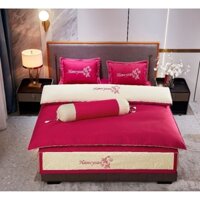 Bộ Satin Chăn Ga Gối Trần Bông 7 Món Cao Cấp màu Hồng Cánh Sen