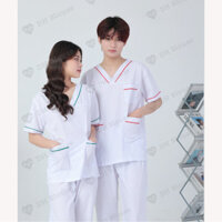 Bộ scrubs trắng cổ tim chui có viền, bộ blouse cổ V cho điều dưỡng, y tá, hộ lý, dược sỹ