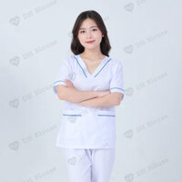 Bộ scrubs trắng cổ tim có viền xanh - bộ blouse cổ V cho điều dưỡng, y tá, hộ lý, dược sỹ