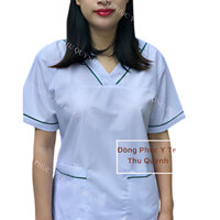 Bộ Scrubs Trắng viền Xanh lá vải lon nhật - bác sĩ, blouse cổ tim, đồng phục điều dưỡng, spa, thẩm mỹ viện, dược sĩ