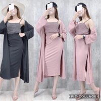 Bộ Set 3 món áo 2 dây kẻ sọc, chân váy midi xe chân và áo cardigan dáng dài