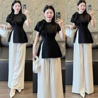 Bộ set đồ nữ quần ống suông dài phối áo đen tay ngắn xẻ tà - Set đồ nữ trendy và thời trang cho mọi dịp.