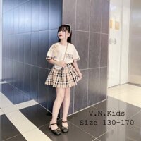 Bộ Set Nữ Áo Phông Bbr Gấu Sọc Kẻ Kèm Chân Váy Xếp Ly Xòe Dáng Ngắn Tiểu Thư Bánh Bèo Cho Bé - Size Đại (19-43kg)