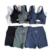 Bộ  set quần áo thể thao tập gym, yoga chạy bộ nữ, áo bra chuyên dụng mix quần đùi biker cạp chéo lưng cao hack mông