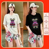 Bộ short thun nữ logo Gấu đá kim sa quần phối Quảng châu trẻ trung cá tính fom rộng