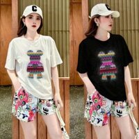 Bộ short thun nữ logo Gấu đá kim sa quần phối Quảng châu trẻ trung cá tính fom rộng .