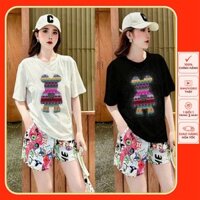 Bộ short thun nữ logo Gấu đá kim sa quần phối Quảng châu trẻ trung cá tính fom rộng kt