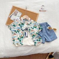 Bộ sơ mi hoạ tiết đi biển 3 chi tiết cho bé, set sơ mi hoạ tiết cây dừa đi biển cá tính cho bé