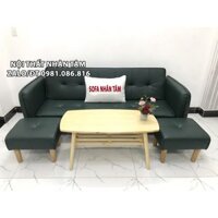 Bộ sofa bed sofa giường tay vịn simili xanh lá phòng khách salon chung cư căn hộ bàn chữ nhật gỗ cao su